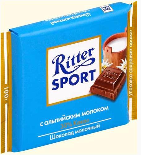 Шоколад Ритер спорт альпийское молоко, 100 г.