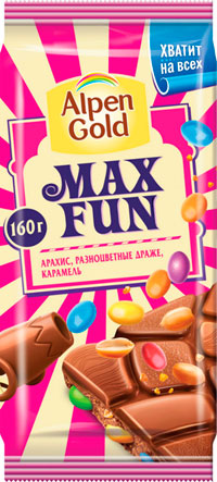 Шоколад Альпен Гольд молочный с разноцветным драже Макс Фан, 160 г.