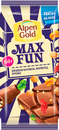 Шоколад Альпен Гольд молочный с взрывной карамелью, мармеладом и печеньем Макс Фан, 160 г.