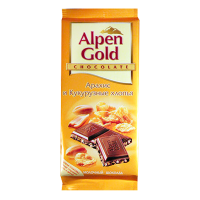 Шоколад Альпен Гольд с арахисом и кукурузными хлопьями Крафт, 90 г.