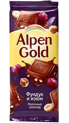 Шоколад Альпен Гольд молочный с изюмом и фундуком Крафт, 90 г.